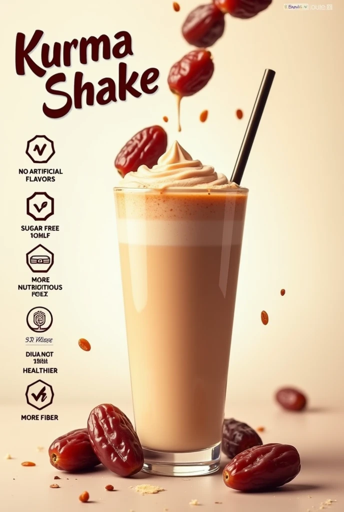 A poster with dates falling in a glass of date milkshake blended in ice , a straw,
- displaying the name "Kurma Shake"
-dispalying "health bemefits" as below:
- " Tanpa Flavor "
- " Bebas Gula"
- " Susu Segar"
- " Lebih gizi"
- " Lebih sehat"
- "Lebih Fiber"
-" Asli 100%"
