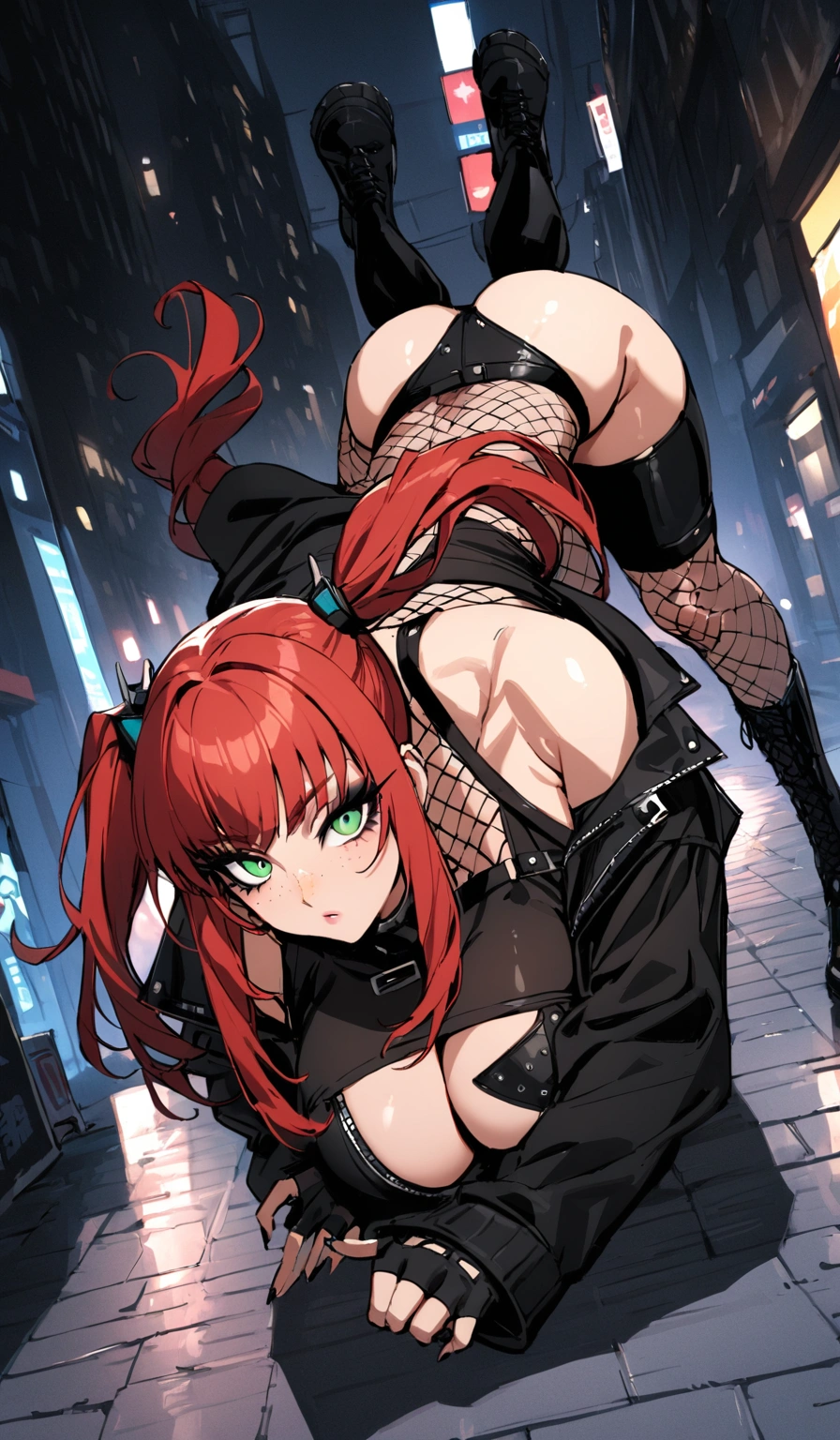 woman, curly red hair in pig tails, green eyes, black eyeshadow, wearing crop top black shirt, long black jacket, black hot pants, black knee high boots, black fingerless gloves, exposed shoulders, large breasts, freckles, abs, cleavage, looking at viewer, masterpiece, best quality, Holo-Punk Style, in the city, make up, eyelashes, fish net undershirt, fish net stockings, top down, (full body)