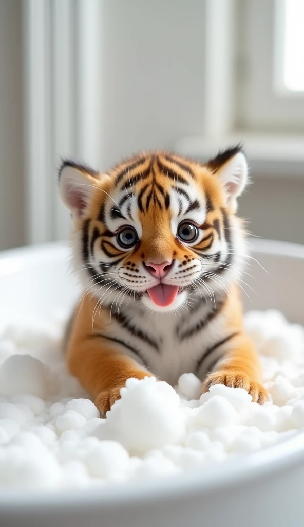 A chubby and cute  tiger baby,  fat，Big eyes, Cute and cuddly，Fluffy, Delicate and exquisite, Real little tiger，The expression is very cute and sticking out tongue is very cute，Play with real white foam in the bathroom，Pure white high-end bathroom background