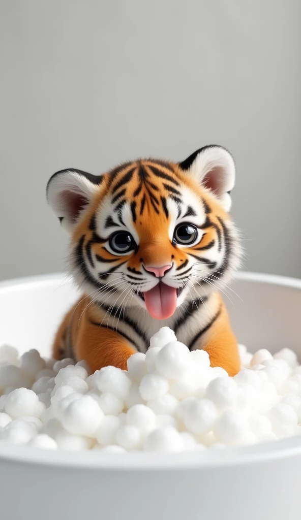 A chubby and cute  tiger baby,  fat，Big eyes, Cute and cuddly，Fluffy, Delicate and exquisite, Real little tiger，The expression is very cute and sticking out tongue is very cute，Play with real white foam in the bathroom，Pure white high-end bathroom background