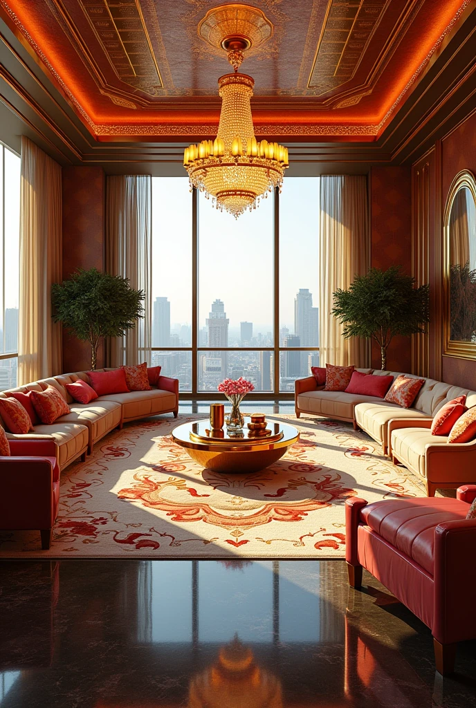 Make me a very large, luxurious and extravagant room in the style of the 1988s. It's in a penthouse. Give me windows.