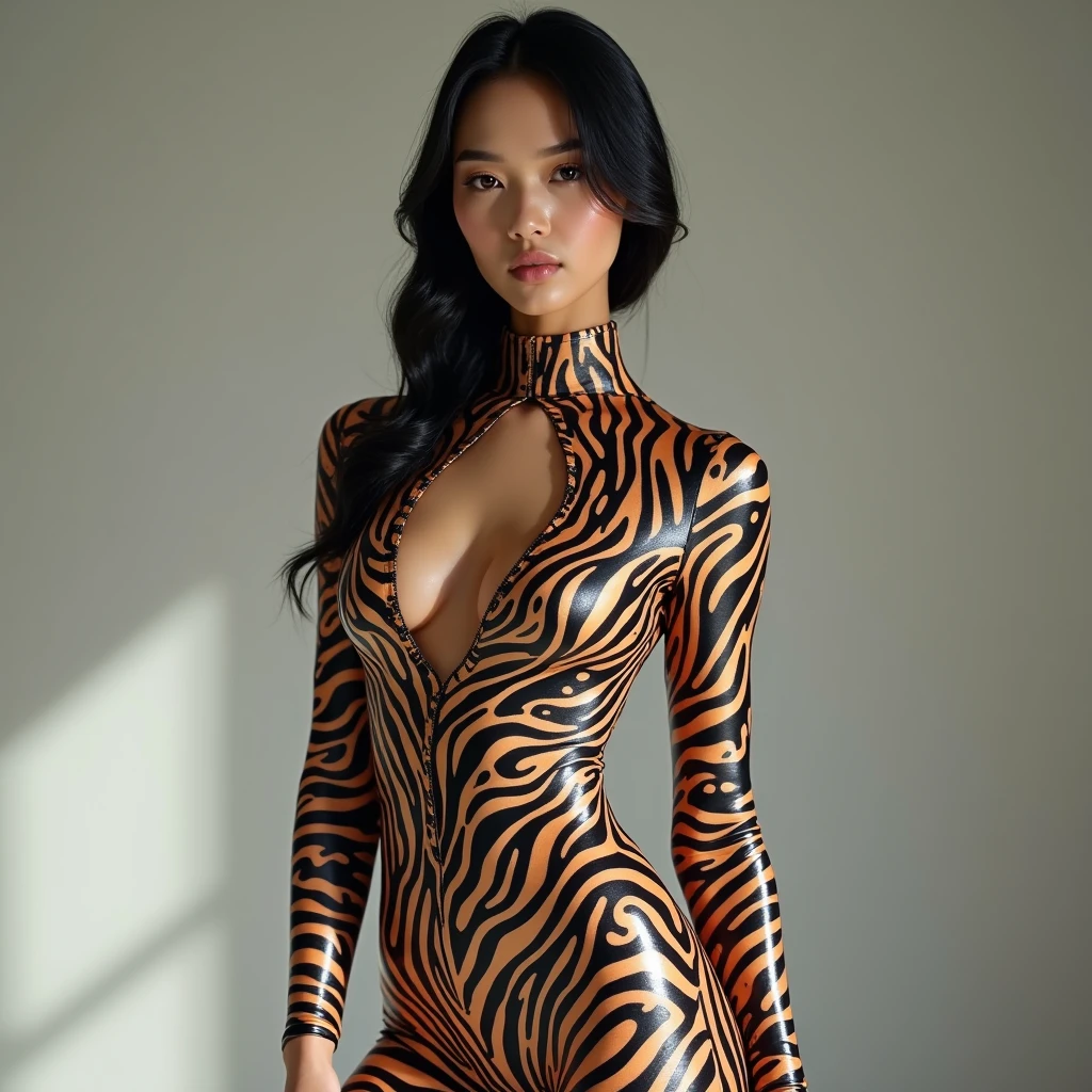 The most beautiful,thin,most pretty and clever Chinese adult girl wears leopard print lycra turtleneck unitard catsuit covered with many spots.She always wear leopard print lycra dancewear hijab hood covered with many spots.