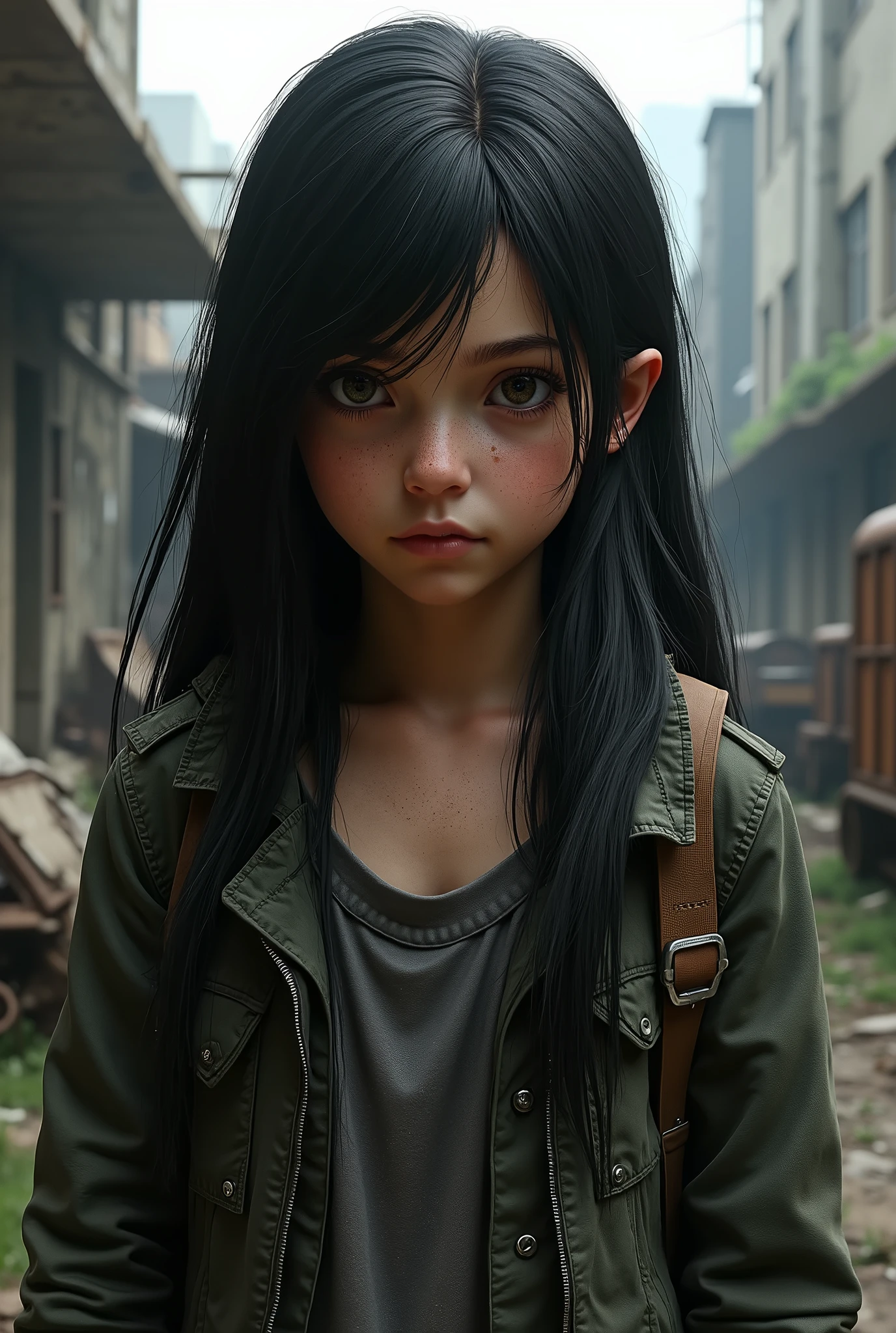 Create a Latina girl long black hair with bangs, Estilo The last of Us
