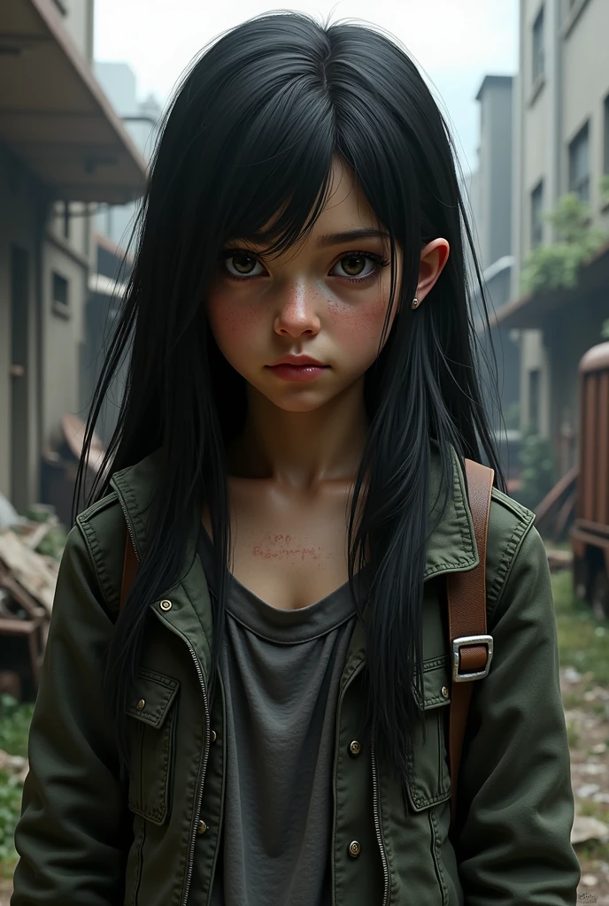 Create a Latina girl long black hair with bangs, Estilo The last of Us