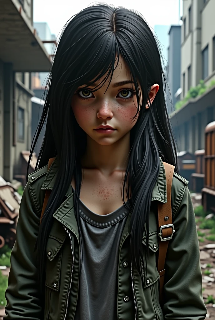 Create a Latina girl long black hair with bangs, Estilo The last of Us