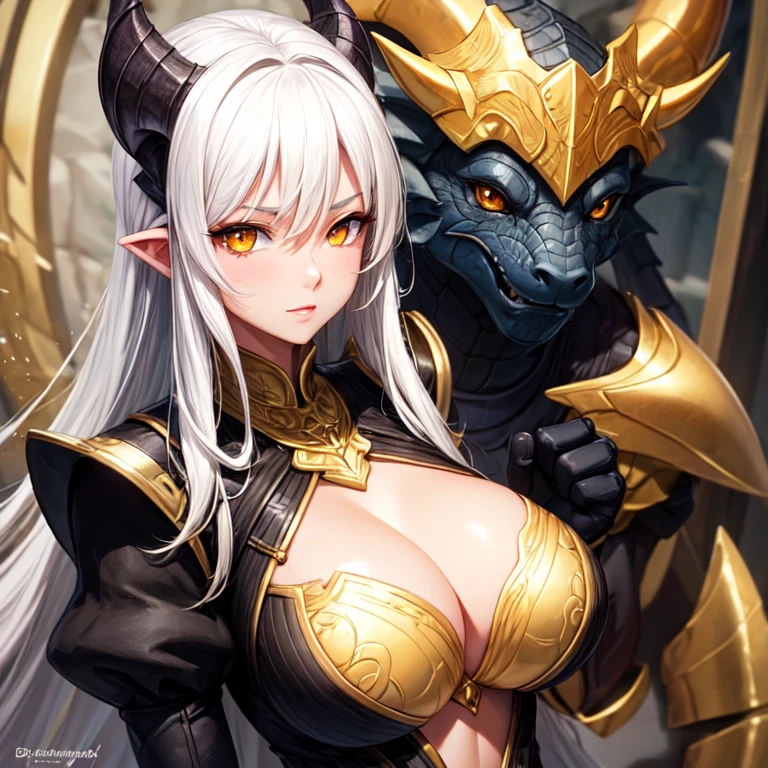 A very beautiful dragonborn with black and orange scales and very large breasts with white hair and golden eyes.