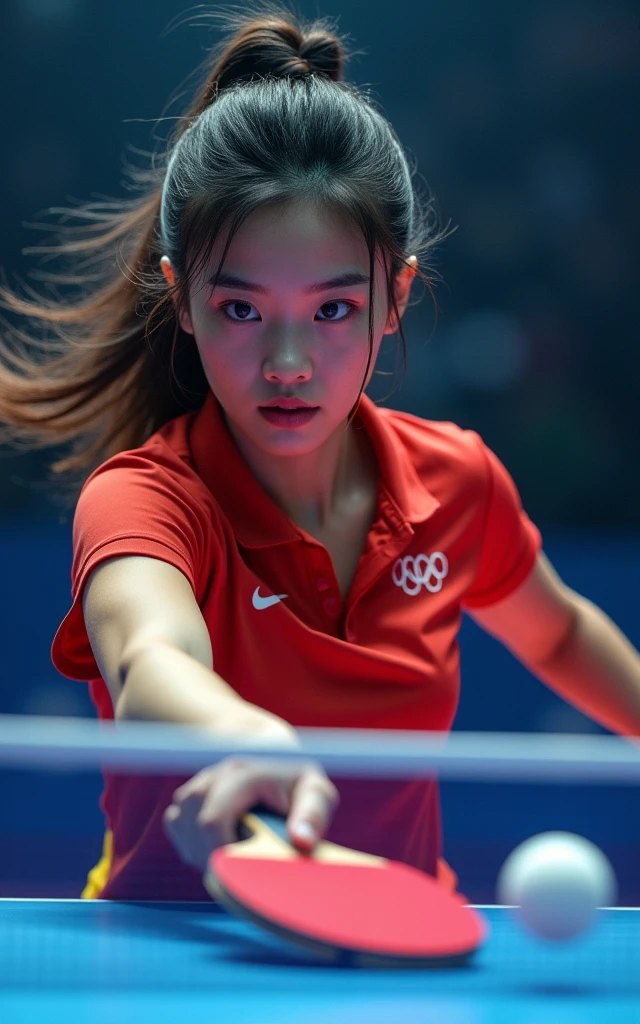 Chinese female table tennis players,18-year-old beauty,Fair skin,Charming,beauty,cute,Bright Lights,Pull the ball,spike,Spinning ball,The competition is intense and exciting,Olympic Games finals as background
