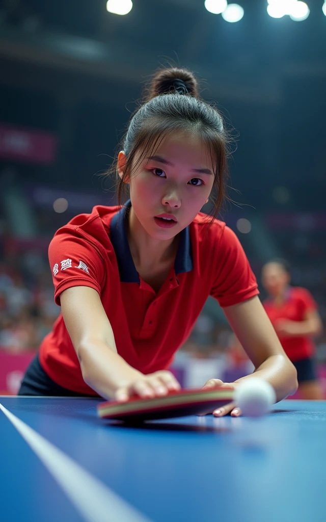 Chinese female table tennis players,18-year-old beauty,Fair skin,Charming,beauty,cute,Bright Lights,Pull the ball,spike,Spinning ball,The competition is intense and exciting,Olympic Games finals as background
