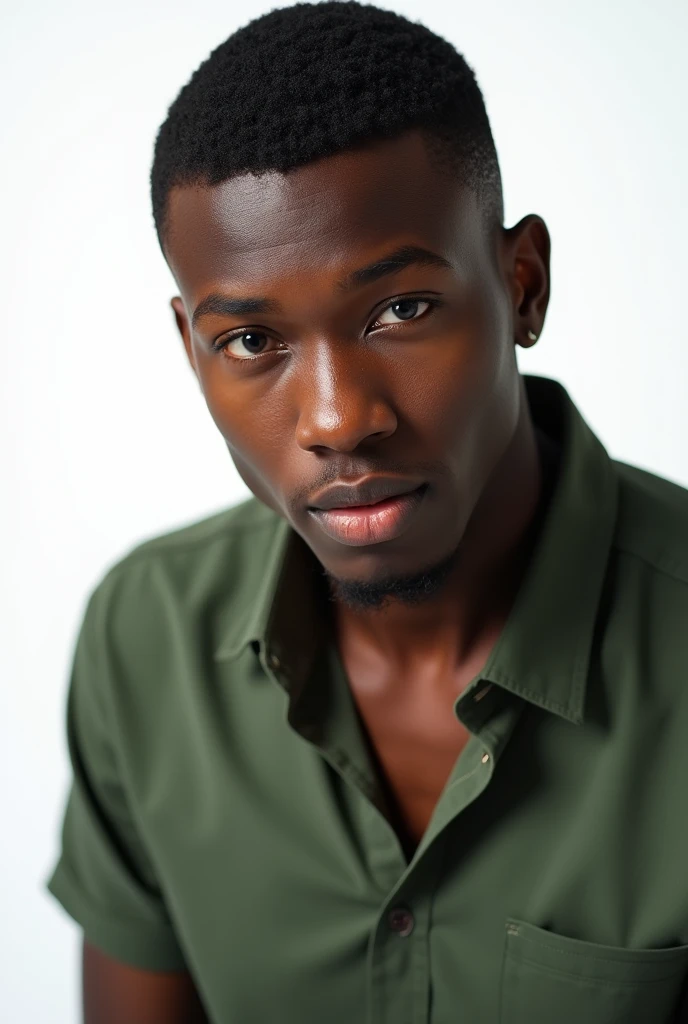 best qualityer:1.4), (ultra high resolution:1.2), (photorrealistic:1.4), (8k, CRU photo:1.2), A young man of 20 years old, black skin color, with a smooth, beardless face, with short hair, with shaved sides and short top, similar to the fade or taper haircut style, green shirt with high collar, grey social pants, is sitting on a white sofa. the camera is focusing on your face. He has a seductive face for the camera. You are in a photography studio with a white background
