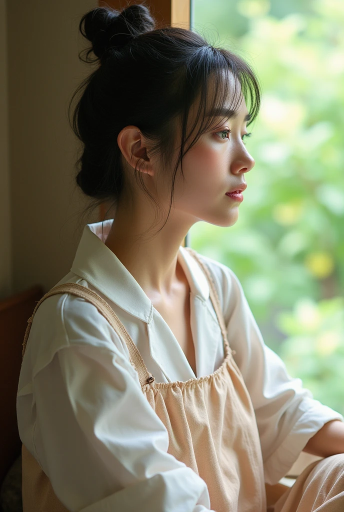 Highest quality、Photographed in natural light、Highly realistic photos、Detailed beautiful face、Japanese women、profile、One person、30-year-old female、Summer clothes、カジュアルなSummer clothes、Bun Hair、Don't look at the camera、
