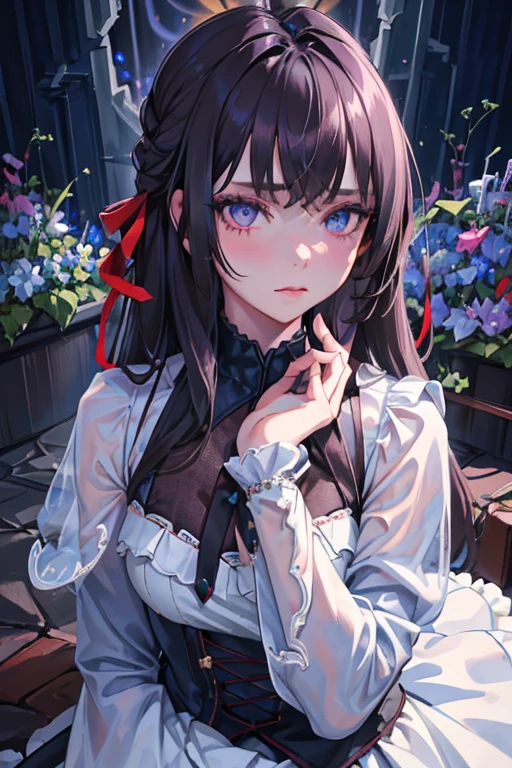 ((masterpiece, best quality)), (((((1girl))))), (((((solo))))), (female focus), (dark hair, long hair), hair over one eye, purple eyes, arms behind back, sad eyes, cold facial expression, cold look, gothic dress, pale skin, colour grading, dark illustration, extreme quality, radiant, extremely detailed, ultra-detailed face, ultra hd 8k, ultra digitality, mythical, dark lightning, perfect face, beautiful, (perfect composition: 1. 4), detailed face and body, award-winning photography , fields, detailed face, detailed hands, looking at the viewer, cinematic lighting, embers, fantasy background, water splashes, foggy haze, (necromancer), (villain), faux traditional media, (masterpiece, best quality, ultra-detailed, best shadow), (beautiful detailed face, feminine features), (best illumination), ((cinematic light)), colorful, hyper detail, dramatic light, intricate details, (dark circle under eyes), gothic, decadence, stunning, eerie