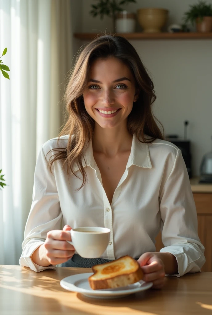 Lara Valentina, 22 years old, (piercing green eyes), is sitting at the kitchen table, enjoying a healthy breakfast. She wears an elegant formal outfit, consisting of a white, low-cut button-down blouse, slightly fitted to the body, and a gray skirt, creating a professional and sophisticated look. Her light brown hair is loose, caindo suavemente sobre seus ombros. She holds a cup of coffee while smiling happily, while in front of you, on desk, there is a plate with toast. The soft morning light illuminates the scene, creating a welcoming and productive environment, ready for the start of a new working day, detailed facial features, detailed human anatomy, high quality, photorealistic, 8k, hyper-detailed, perfect lighting, cinematic composition, elegant, beauty, graceful, seductive, attractive, captivating