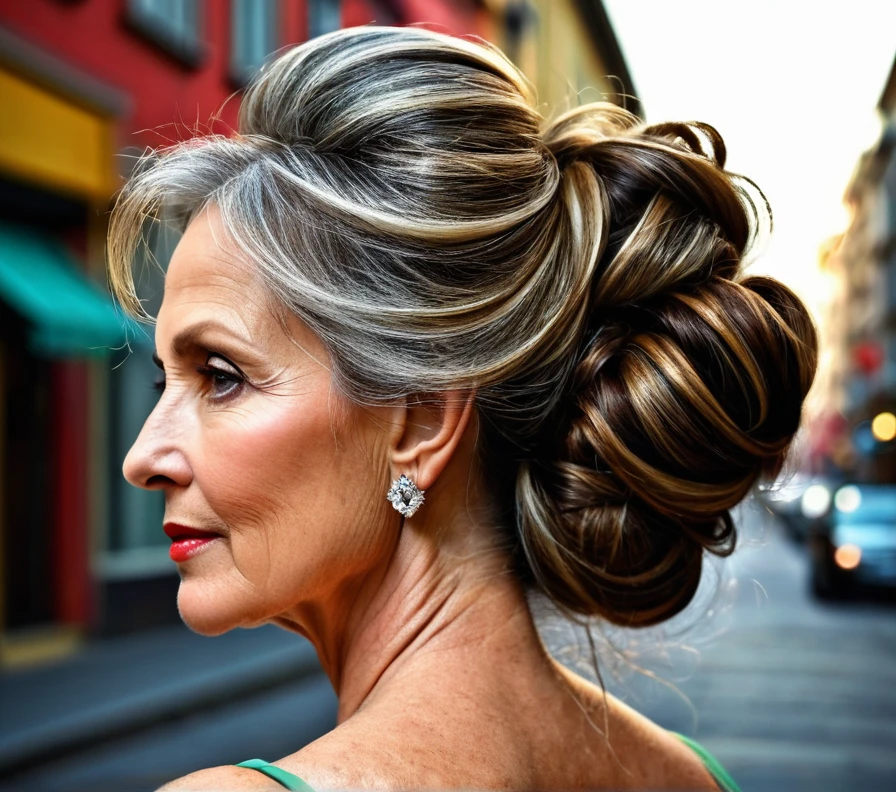Elegant updo with soft tendrils for women over 50, perfect for showcasing thick hair in a refined and sophisticated style.

(a 50 years old woman) (masterpiece), medium and long hair, Beautiful Woman, Beautiful face, Realistic, vibrant, everyday color photography, Messy backgrounds, saturated colors, urban life, street portraits, hidden details, Ephemeral moments, moments of real life, HD Quality.