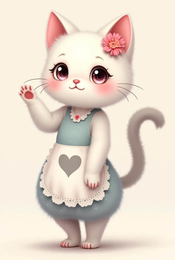 Very cute slim white female cat, There&#39;s a pink flower in her ear, Stand and wave, A grey heart mark on her stomach, Lace apron from the waist down, Grey Tail, Pastel colored fluffy, Glitter effect,Black cat