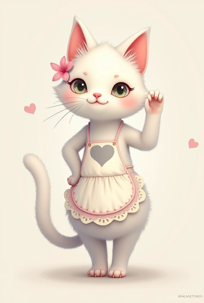 Very cute slim white female cat, There's a pink flower in her ear, Stand and wave, A grey heart mark on her stomach, Lace apron from the waist down, Grey Tail, Pastel colored fluffy, Glitter effect,Black cat