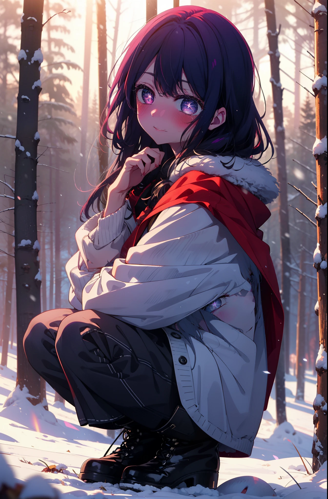 aihoshino, Ai Hoshino, Long Hair, bangs, (Purple eyes:1.1), Purple Hair, (Symbol-shaped pupil:1.5), smile,,smile,blush,white breath,
Open your mouth,snow,Ground bonfire, Outdoor, boots, snowing, From the side, wood, suitcase, Cape, Blurred, , forest, White handbag, nature,  Squat, Mouth closed, Cape, winter, Written boundary depth, Black shoes, red Cape break looking at viewer, Upper Body, whole body, break Outdoor, forest, nature, break (masterpiece:1.2), Highest quality, High resolution, unity 8k wallpaper, (shape:0.8), (Beautiful and beautiful eyes:1.6), Highly detailed face, Perfect lighting, Extremely detailed CG, (Perfect hands, Perfect Anatomy),