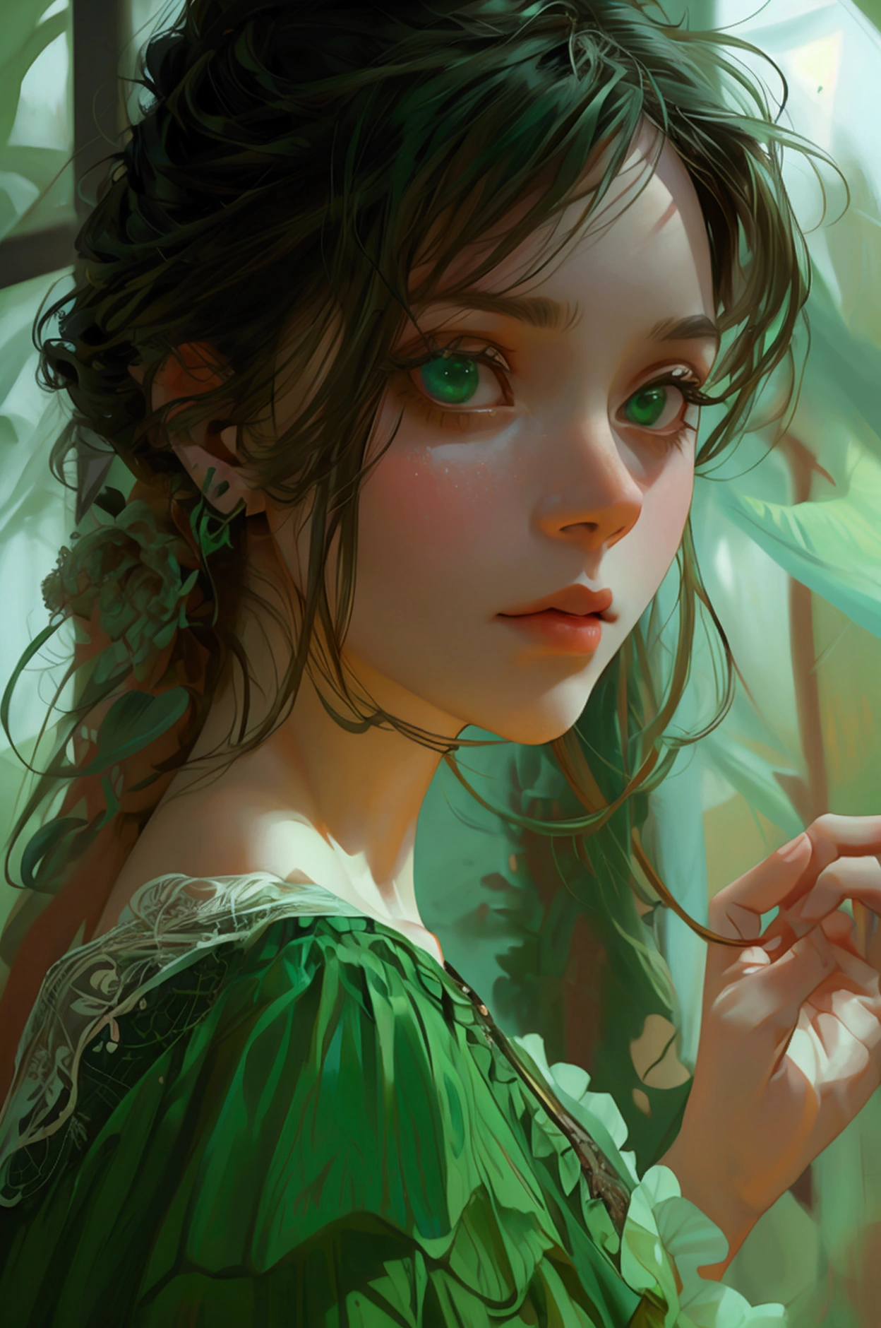 girl in green dress doing some thing dangerous, she is dying soon , relistic image