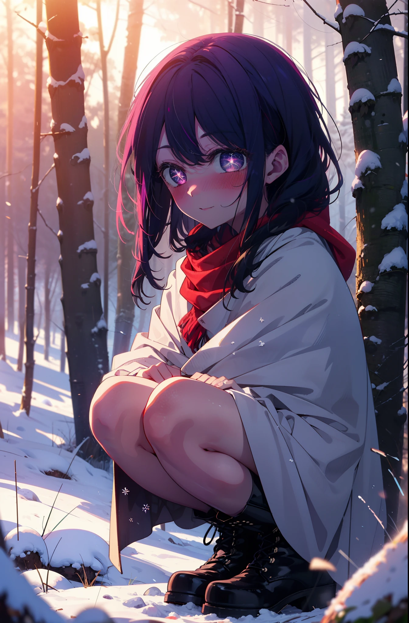 aihoshino, Ai Hoshino, Long Hair, bangs, (Purple eyes:1.1), Purple Hair, (Symbol-shaped pupil:1.5), smile,,smile,blush,white breath,
Open your mouth,snow,Ground bonfire, Outdoor, boots, snowing, From the side, wood, suitcase, Cape, Blurred, , forest, White handbag, nature, Squat, Mouth closed, Cape, winter, Written boundary depth, Black shoes, red Cape break looking at viewer, Upper Body, whole body, break Outdoor, forest, nature, break (masterpiece:1.2), Highest quality, High resolution, unity 8k wallpaper, (shape:0.8), (Beautiful and beautiful eyes:1.6), Highly detailed face, Perfect lighting, Extremely detailed CG, (Perfect hands, Perfect Anatomy),