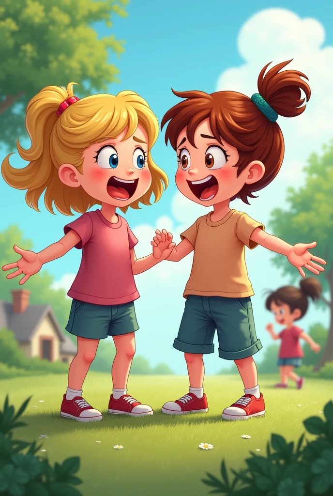 Cartoon style, obrazkowy. Outdoor. Two little girls with light skin are standing on the grass., different hair colors. They are standing next to each other, they laugh, They are screaming, They are talking. Dalej od nich idzie inna drzewczynka idzie w przeciwną stronę ze spuszczoną głową.