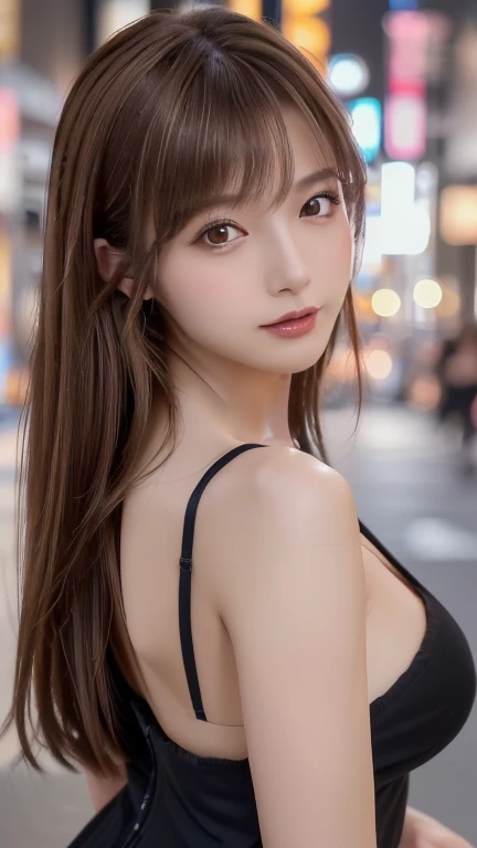 (8kで、Live Shooting、Highest quality、Genuine、Realistic、Professional Lighting、masterpiece、Very delicate and beautiful、Very detailed、The finer details、Very detailed、High resolution、Beautifully detailed face、bangs、Brown Hair、 Fair skin:1.2, Sexy beauty:1.1, (RAW shooting, フォトGenuine:1.5, 8k, Highest quality, masterpiece, 超High resolution),(RAW shooting:1.2)、(Realistic:1.4)、(masterpiece:1.3)、(Highest quality:1.4)、(Beautiful woman with perfect body:1.4)、Young Japanese women、(really beautiful:1.2)、(Mid-breasted:1.3)、(Slender and beautiful)、7 heads、(Sexy model pose with protruding breasts:1.3)、(Beautiful and detailed)、(Attractive big eyes)、(Beautiful double eyelids)、(Beautiful and elaborate face)、(Brown Hairロングヘア、bangsあり:1.3)、斜めbangs、Look at the viewers、Look straight ahead、(Sexy skimpy black gothic dress、)(((reveal, Sexy black gothic dress)))(In the middle of Shibuya, Tokyo）