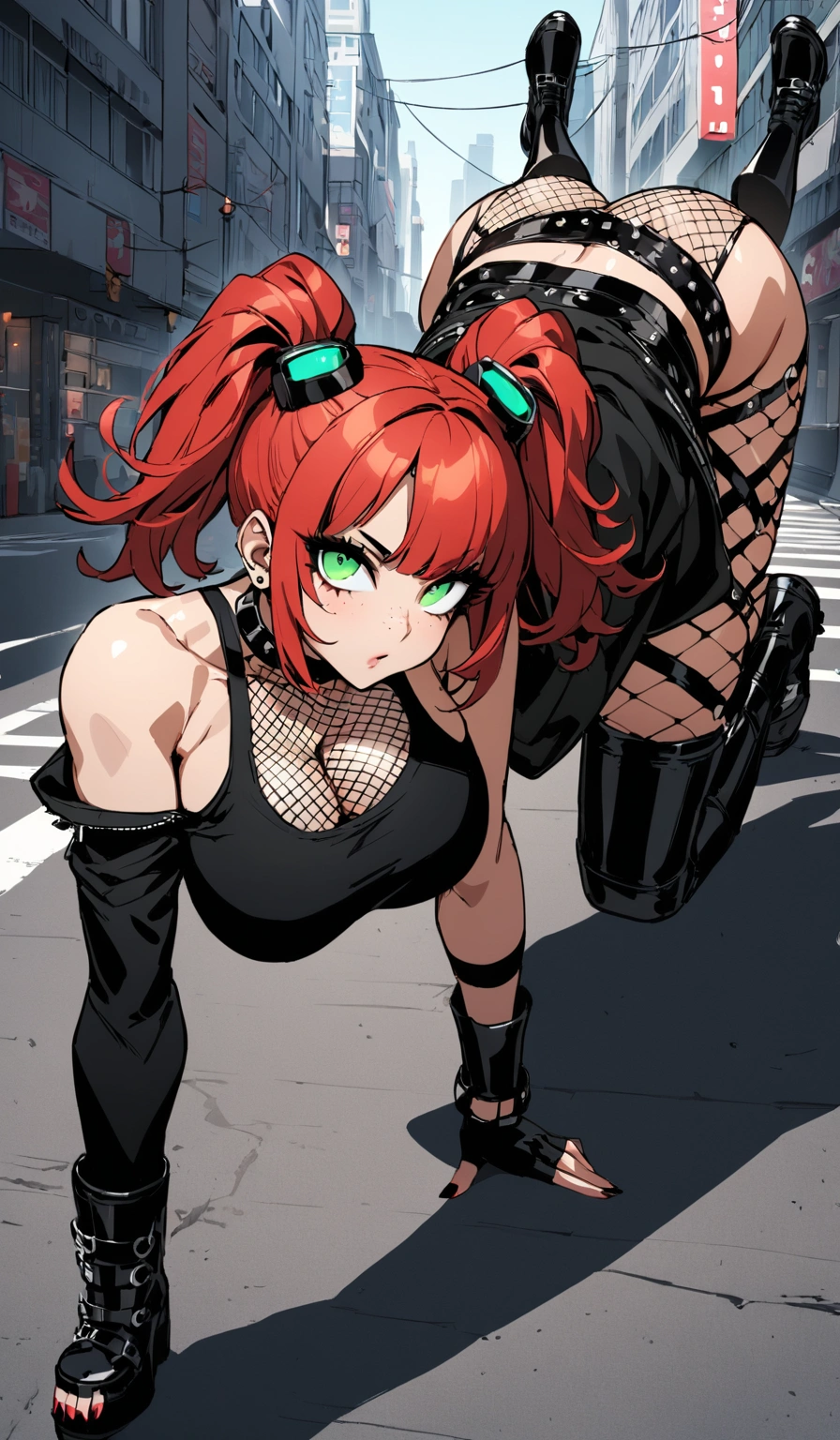 woman, curly red hair in pig tails, green eyes, black eyeshadow, wearing crop top black shirt, long black jacket, black hot pants, black knee high boots, black fingerless gloves, exposed shoulders, large breasts, freckles, abs, cleavage, looking at viewer, masterpiece, best quality, Holo-Punk Style, in the city, make up, eyelashes, fish net undershirt, fish net stockings, top down, (full body)