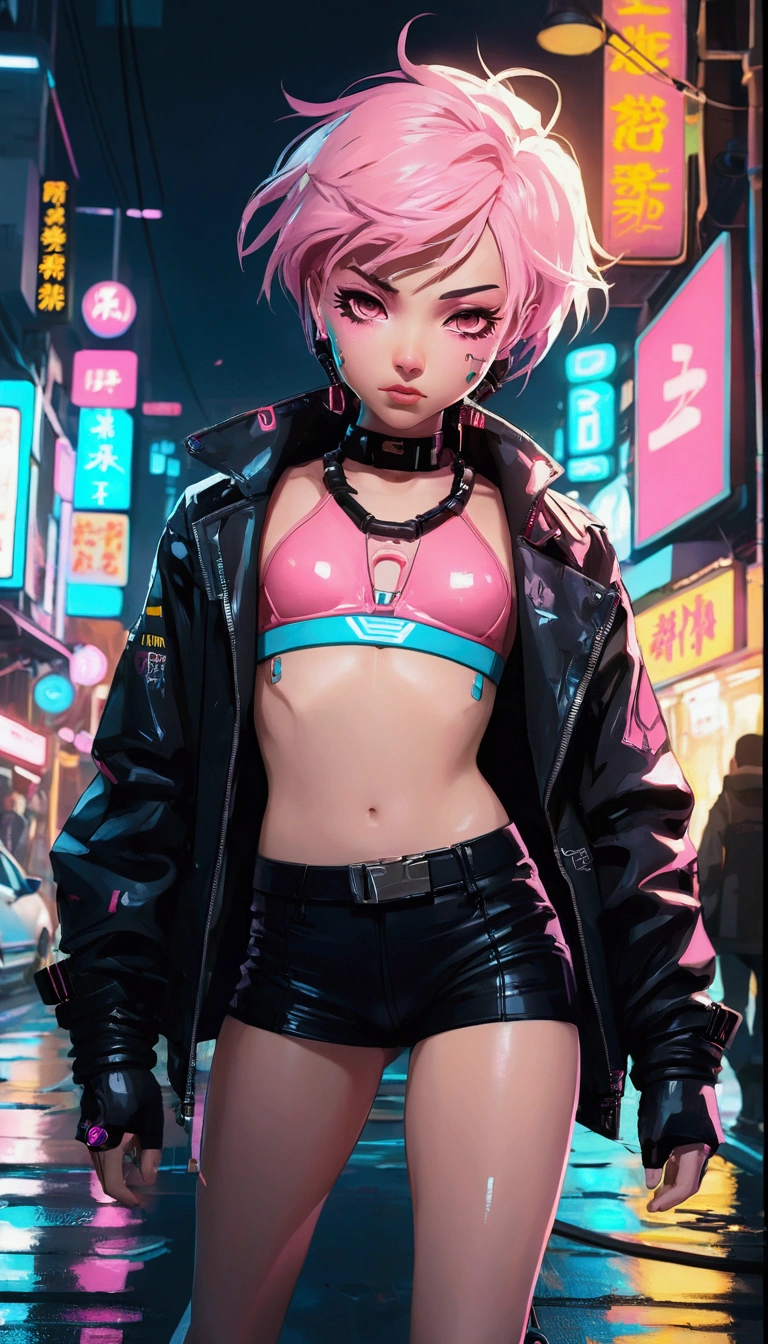 une fille d'anime en bikini rose et veste en cuir noir dans une rue de la ville, fille animée cyberpunk, digital art animé cyberpunk, oeuvre d'art dans le style de guweiz, female fille animée cyberpunk, ambiance cyberpunk, cyberpunk numérique - art anime, Style animé 4 k, Style animé. 8k, style artistique cyberpunk, art cyberpunk animé, art animé cyberpunk, dans un style cyberpunk
