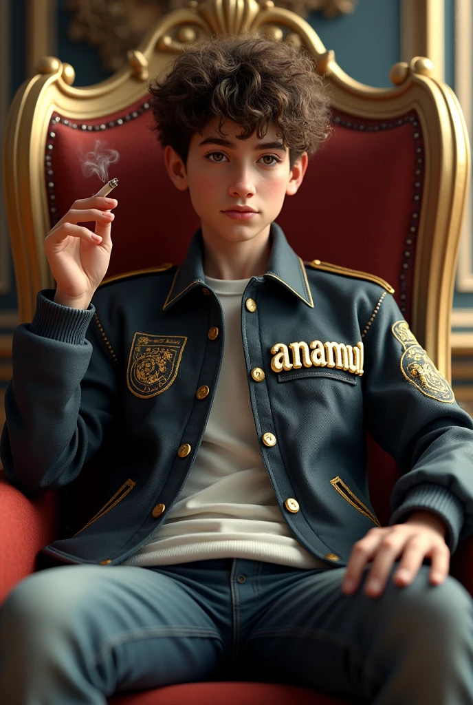 Create Realistic Sitting on KING chair jacket that says ” ANAMUL” with cigarette create a 3d image of teenager wearing a forming a name