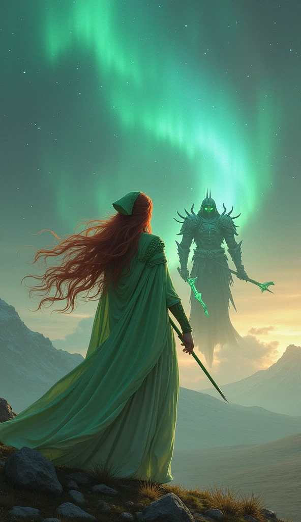 In a vast, mystical landscape, where the sky shimmers with the colors of the evening aurora, the graceful summoner Seraphina stands. Her long, flowing red hair is topped with a green hood, and her piercing green eyes are filled with determination. Her elegant robe, made of pale green cloth with magical symbols embroidered on the sleeves, billows gently in the breeze. In her hand is a staff that glows faintly with mystical energy. * *Seraphina summons *A tall, armored warrior with multiple arms, each holding a different legendary weapon, steps into the fray. Gilgamesh, the collector of swords, grins wickedly as he prepares to use his ultimate move, Sword Dance, unleashing a flurry of attacks from all directions.* Taken vividly with an EOS 5D digital SLR camera.