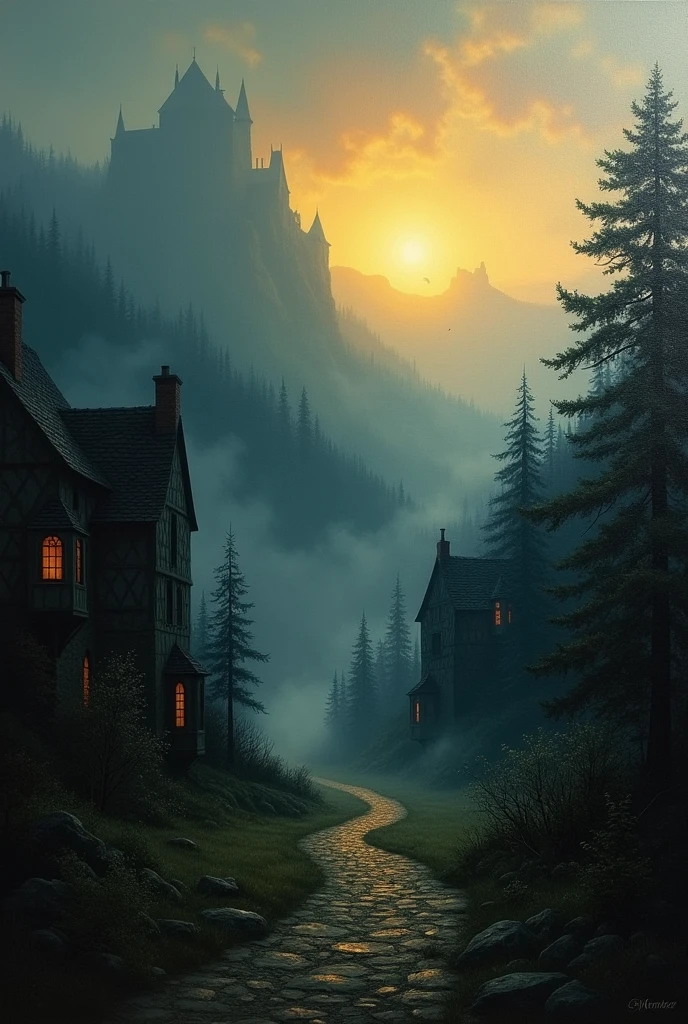 realistic sombre oil painting of a medieval village at sunrise, Moussu, Brume, brumeux, ombres, Brumeerious, mythique, sombre, des rayons de lumière brillent à travers les bois, Ambiant, profondeur de champ, éclairage volumétrique, Éclairage cinématographique, lunatique, heavy sombreness, ciel noir, perspective en contre-plongée, par Eyvind Earle