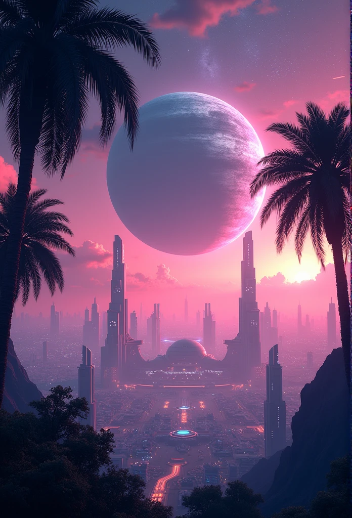 Futuristic cityscape at night with giant planet in the sky, palm trees in foreground, pink and purple sky, starry galaxy, surreal lighting effects, photorealistic style