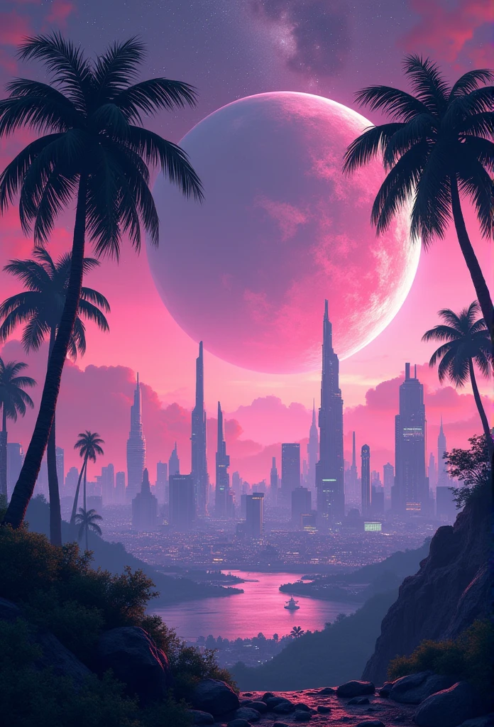 Futuristic cityscape at night with giant planet in the sky, palm trees in foreground, pink and purple sky, starry galaxy, surreal lighting effects, photorealistic style