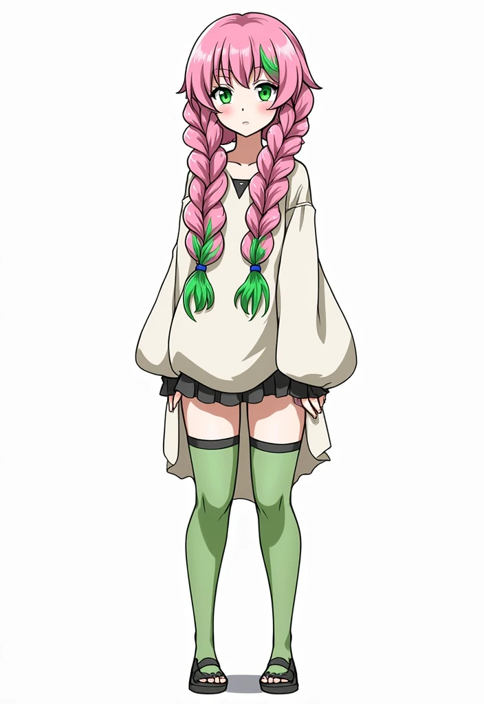 Anime style, Woman, Mitsuri kanroji from deamon slayer, pink hair with green tips, large thick twin braids, the end of her braids are in green color, her fringes are in green color, large green eyes, hairs on forehead are green