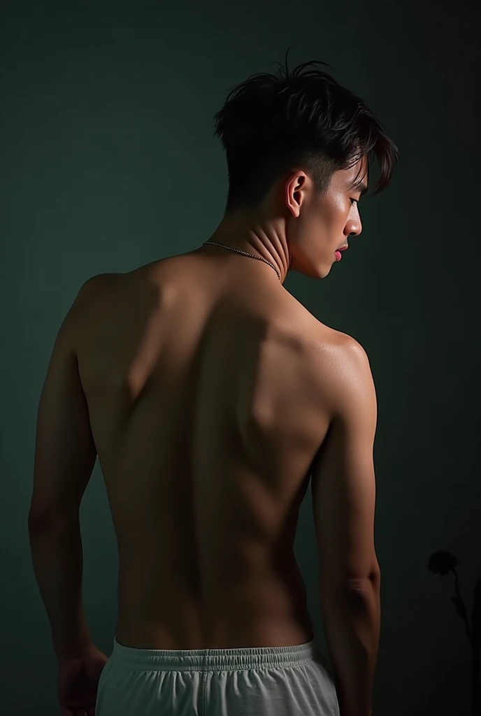 a handsome Asian man, he is wearing a springy white tank top, wet, standing on his back showing his ass, dramatic lighting, hyper-realistic, 8k, high quality, intricate details, cinematic composition, glowing skin, dramatic atmosphere, moody lighting