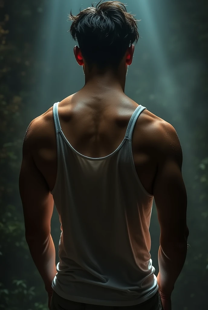a handsome Asian man, he is wearing a springy white tank top, wet, standing on his back showing his ass, dramatic lighting, hyper-realistic, 8k, high quality, intricate details, cinematic composition, glowing skin, dramatic atmosphere, moody lighting