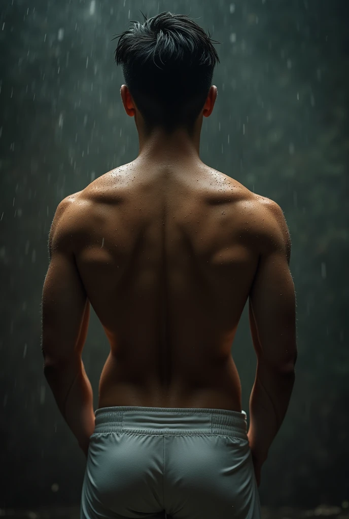 a handsome Asian man, he is wearing a springy white tank top, wet, standing on his back showing his ass, dramatic lighting, hyper-realistic, 8k, high quality, intricate details, cinematic composition, glowing skin, dramatic atmosphere, moody lighting