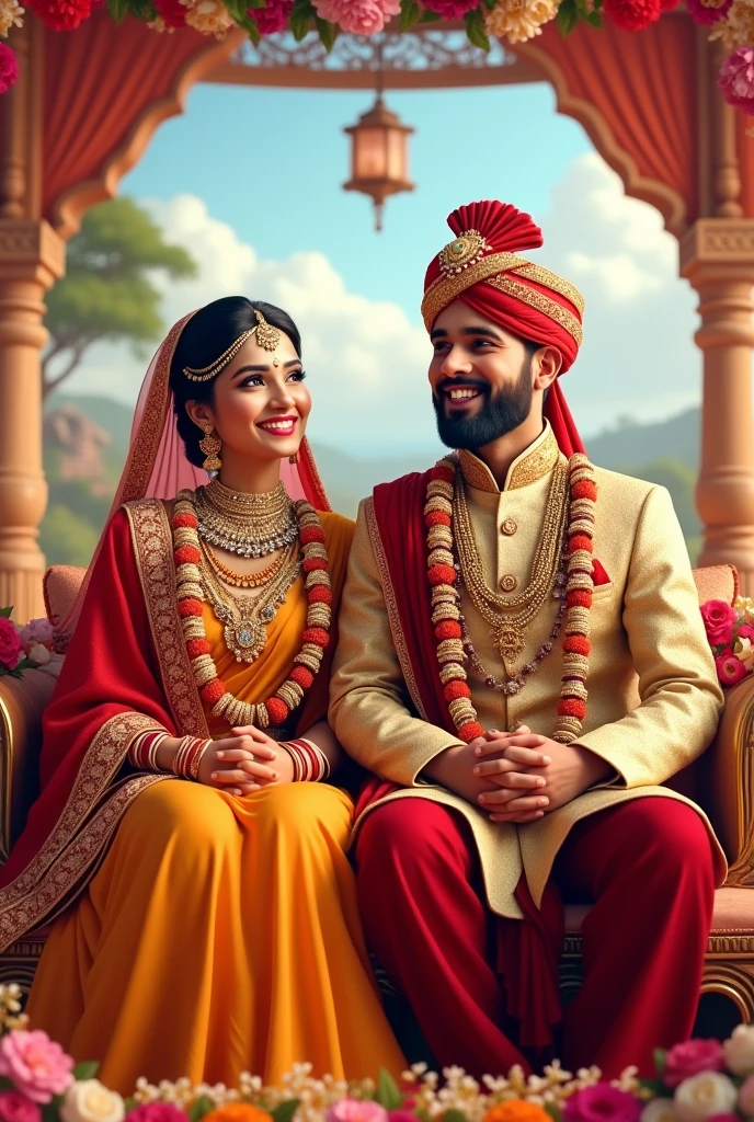 Indian bhabhi and indian men wedding virtual wedding realistic full hd both wearing indian wedding dress sitting in mandap with beautyfull smile