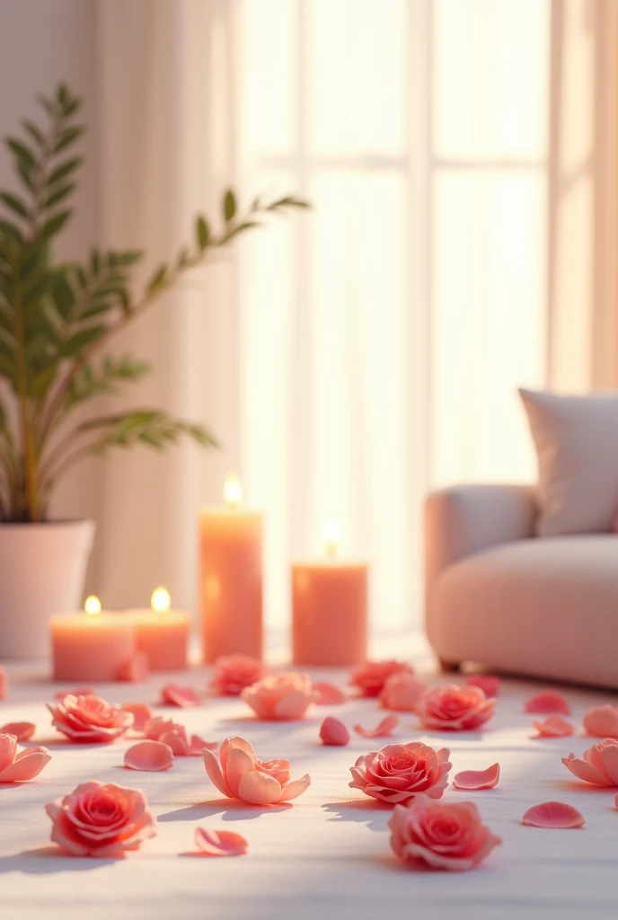 Clean bright background，Rose petals scattered around，Essential oils used in scented candles，Furniture for a relaxing environment