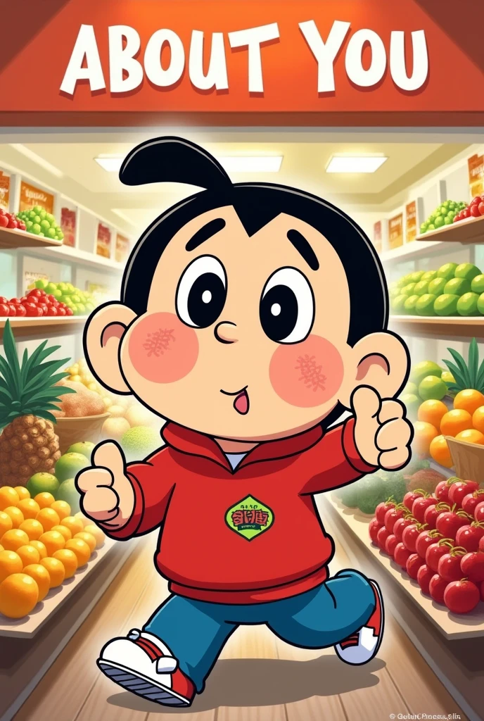 A shop poster our mascot is crayon shin chan our shop name is"About You" we sell fresh fruit and delicious curry fishball. .