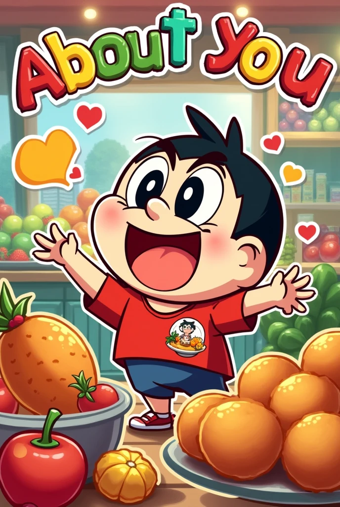 A shop poster our mascot is crayon shin chan our shop name is"About You" we sell fresh fruit and delicious curry fishball. .