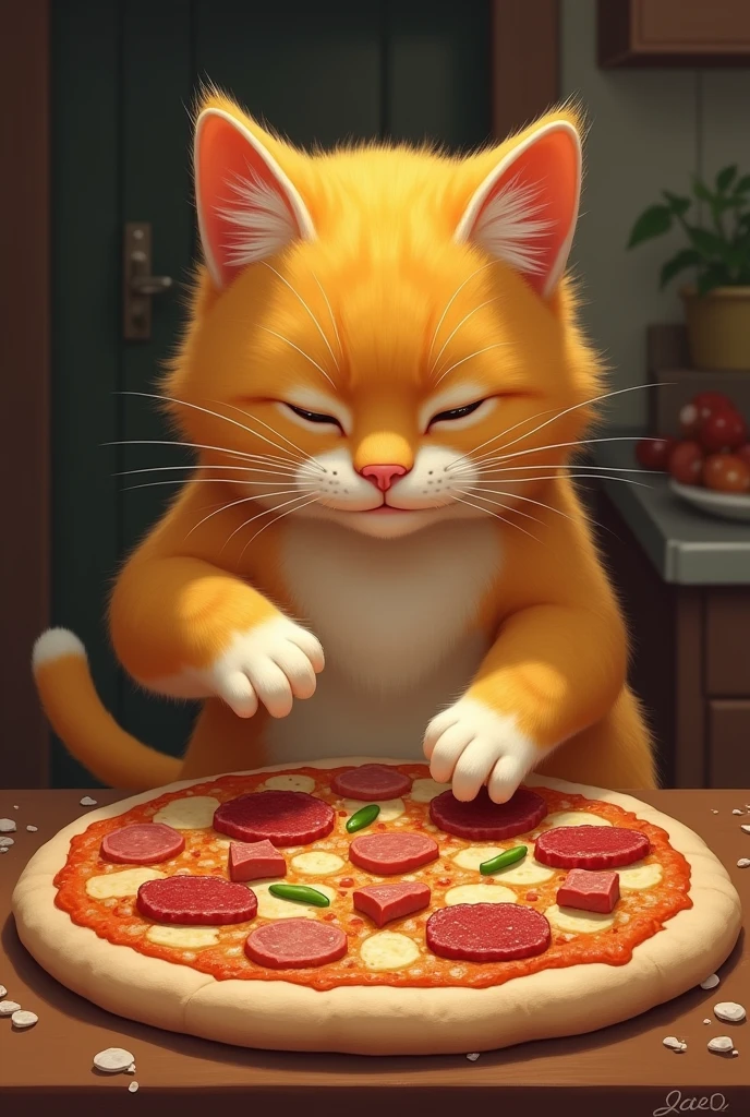 mother cat ( yellow cat) put meat and sausage on pizza