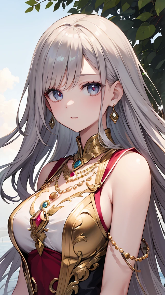 Beautiful Face, Highest quality, Ultra-high natural light, Glowing Skin, Detailed skin, Detailed face, Detailed eyes, beautiful girl, golden hair waving in the wind, necklace, Earrings, Deep woods, (fog: 1.2), fog, noble, gem, diamond, sapphire, Ruby, Emerald, Gorgeous dress, Attention to detail in the costumes, Detailed embroidery, A silk dress woven with gold and silver threads