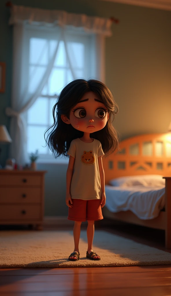 A crying girl standing in a bedroom, pixar style, cinematic, masterpiece, high-aesthetic