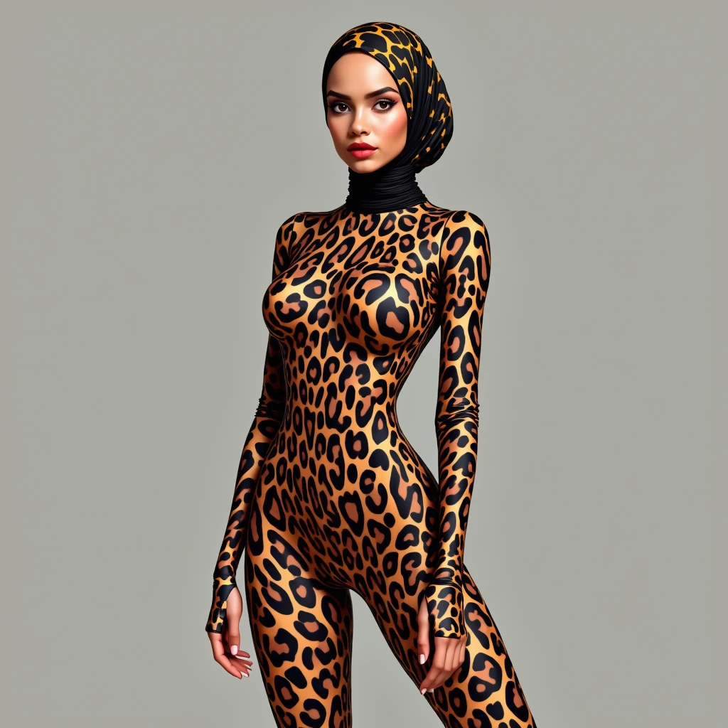 A thinest and beautiful muslimah woman wears clouded leopard+zebra print lycra turtleneck unitard catsuit covered with patterns.She always wear clouded leopard+zebra print seamless lycra hijab