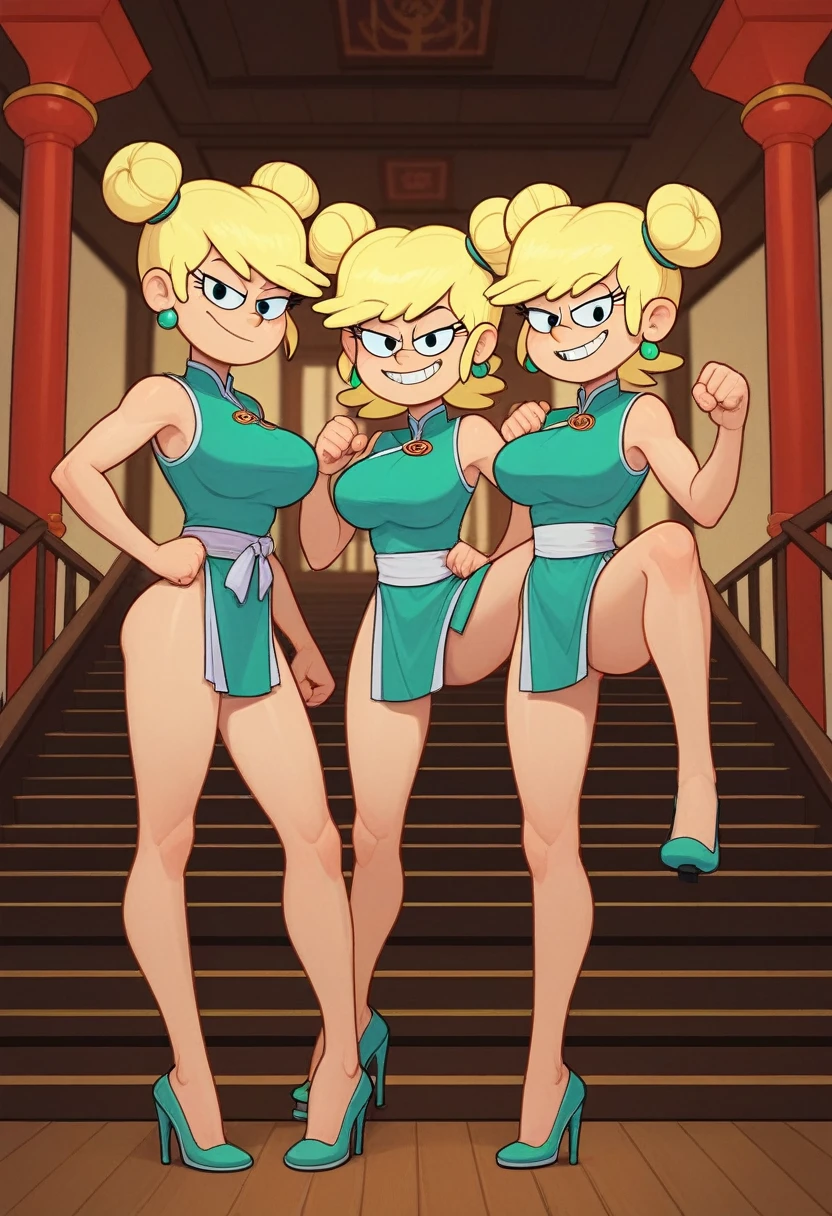 leni loud, 3girls, trio, 24yo girl, large breasts, green cheongsam,  inside of a chinese temple, looking at viewer, blonde hair, two hair buns , hands  score_9, score_8_up, score_7_up, high heels, teep fighting stance,martial arts, stairs behind her, guarding the stairs, a door behind the stair, they are identical twins