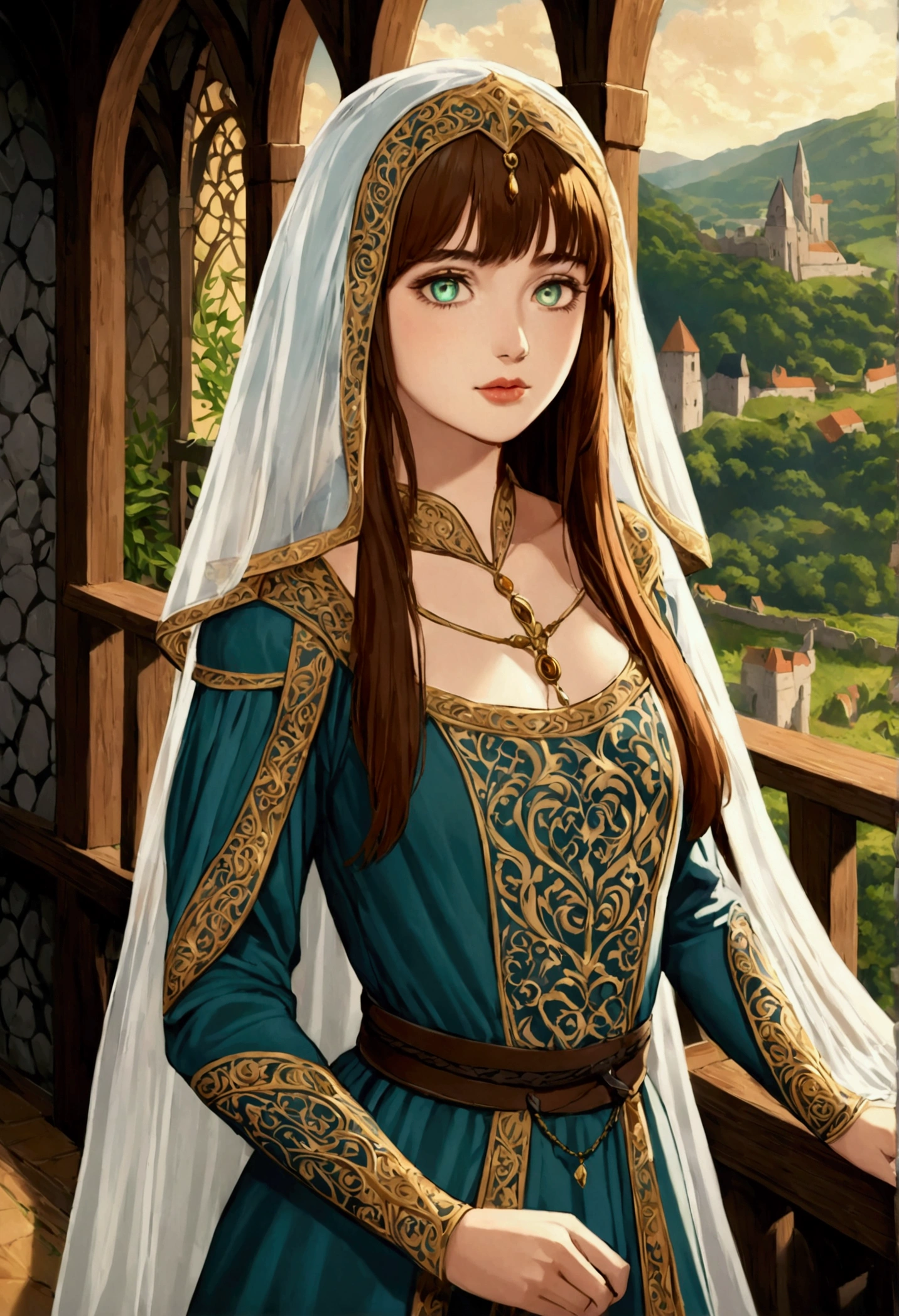 Sakimishane style, Confusion style, painting, finely detailed face, Pretty woman, Lips are full, Opaque veil, Veil in the Middle Ages, Handrails, 12th century, Heterochromatic eyes, Iris eyes, Medieval clothing, Bliaut, Lord of the Rings Dress, close to perfect, Nice anime style, Character panorama, Clean and detailed face, Glow shadows, Beautiful gradients, Depth of field, clean graphics, High quality, High detail, very accurate, Luminous Studio Graphics Engine
