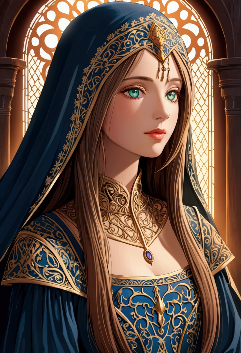Sakimishane style, Confusion style, painting, finely detailed face, Pretty woman, Lips are full, Opaque veil, Veil in the Middle Ages, Handrails, 12th century, Heterochromatic eyes, Iris eyes, Medieval clothing, Bliaut, Lord of the Rings Dress, close to perfect, Nice anime style, Character panorama, Clean and detailed face, Glow shadows, Beautiful gradients, Depth of field, clean graphics, High quality, High detail, very accurate, Luminous Studio Graphics Engine