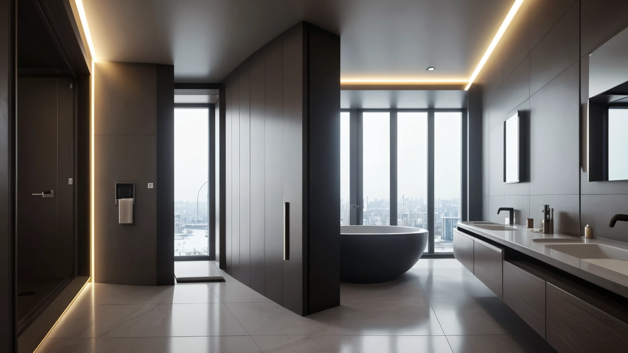 scifi, luxury toilet room, architectual, space design, cyberpunk, futuristic, hightech, hard-surface design, daylight, much tech, much electronic, much space, very cozy, ambient light, realistic view, wide angle, year 2124