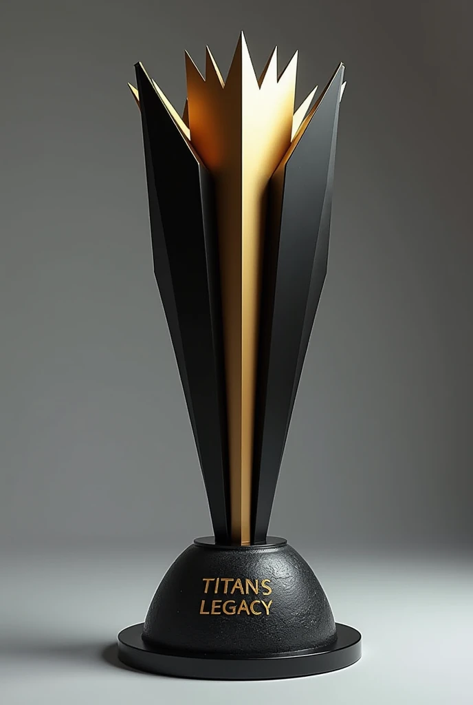 (photorealism:1.2)Style and Design:
Elegant and Futuristic: The trophy has a very stylish design with clean, sharp lines that give it a modern and futuristic look..
Elongated Shape: The structure is tall and thin, which gives it an imposing presence. Vertical and angular lines accentuate this feeling of height..
Colors and materials:
black and gold: The trophy combines dark colors, predominantly black, with details in a matte gold tone. This creates a strong and elegant visual contrast..
Glossy surface: The finish appears to be smooth and matte., which suggests that the trophy is made with a 3D printer,
Visual Elements:
Lightning and Spikes: On top of the trophy, There is a crown fused between that of a king and a queen. With a ray that seems to emanate from the center, giving you a feeling of energy and power, as well as elegance Conical base and rock shape : The base is wider,conical,high and rock shape providing stability to the design.
It is designed in a way that it flows into the body of the trophy without interruptions.. with great height Text:
"TITAN'S LEGACY": The text on the base of the trophy is written in a clean, modern font style., in a golden tone that stands out against the dark base.
made with 3d printer