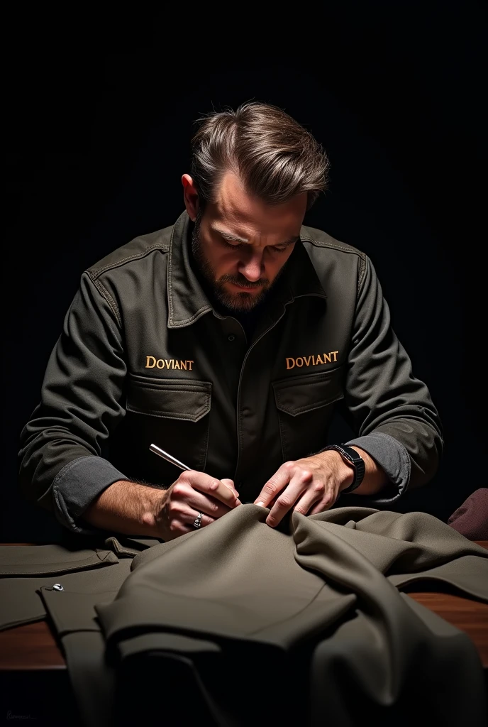 man sewing suit manualy ,wearing workwear, soo much carring , elegant ,poster ad , cinematic , black background , dramatic lighting  with logo "Doviant" on his clothes with gold color