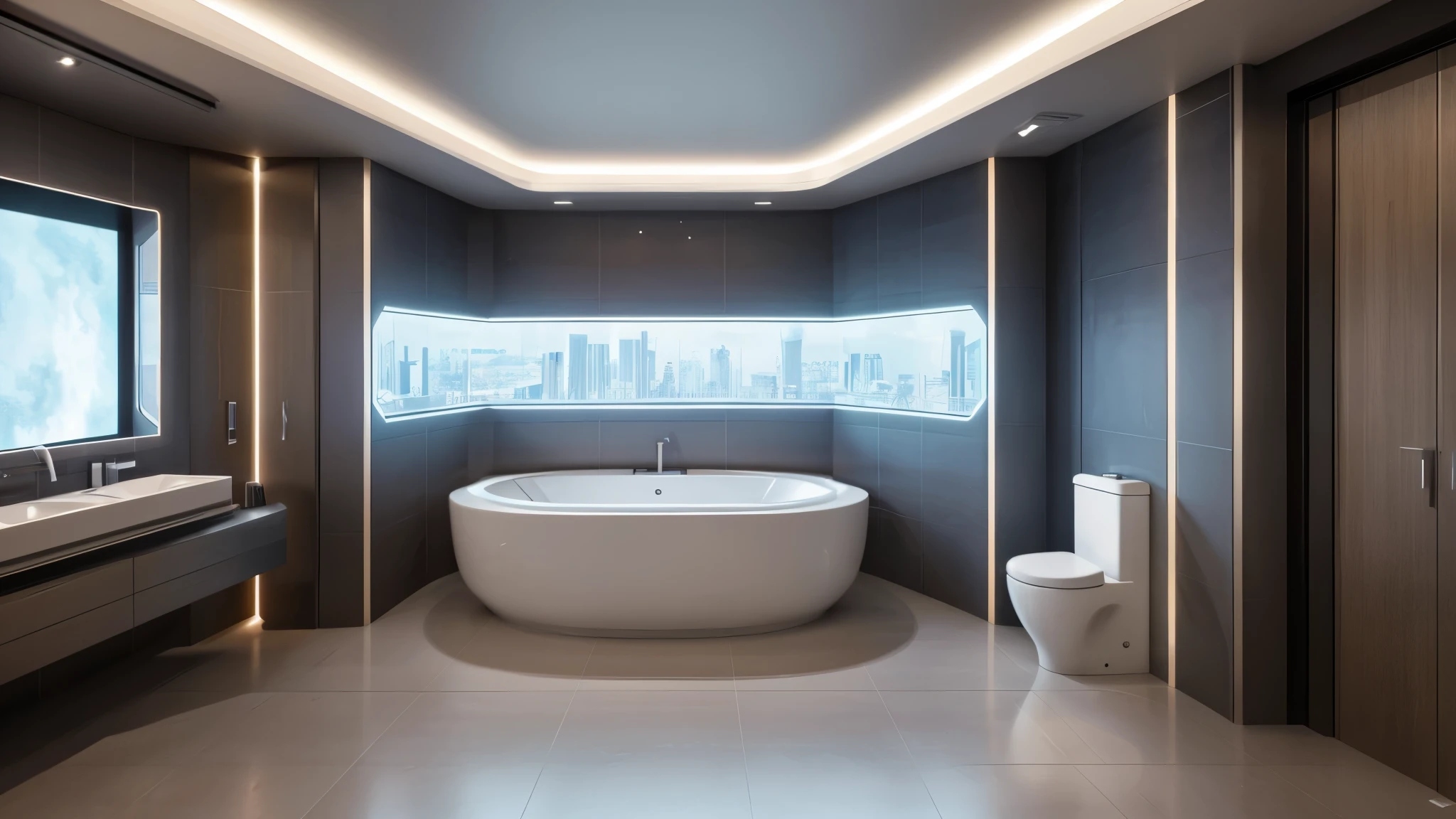 scifi, luxury toilet room, architectual, space design, cyberpunk, futuristic, hightech, hard-surface design, daylight, much tech, much electronic, much space, very cozy, ambient light, realistic view, wide angle, year 2124